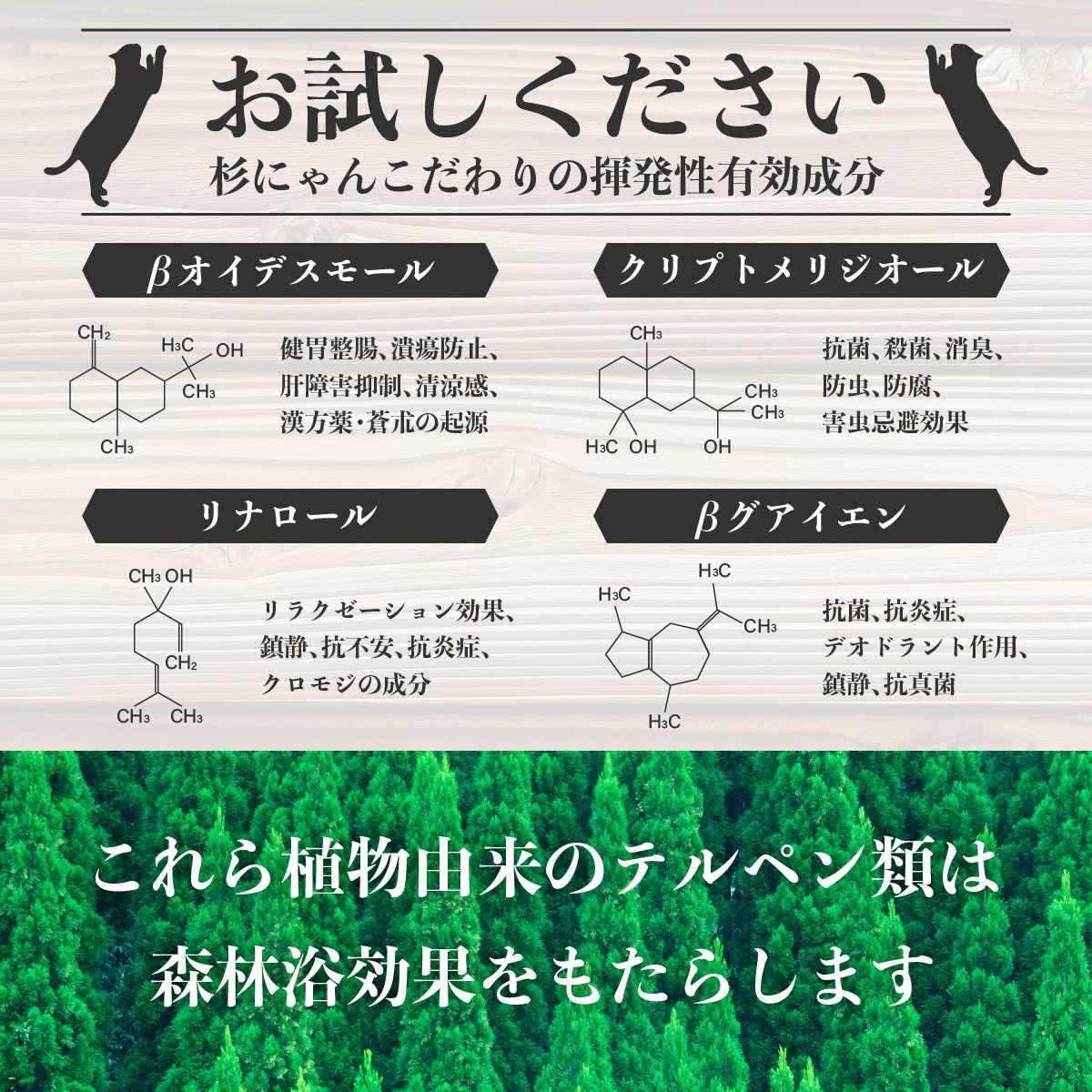 フィトンチッド,ベータオイデスモール,クリプトメリジオール,リナロール,ベータグアイエン