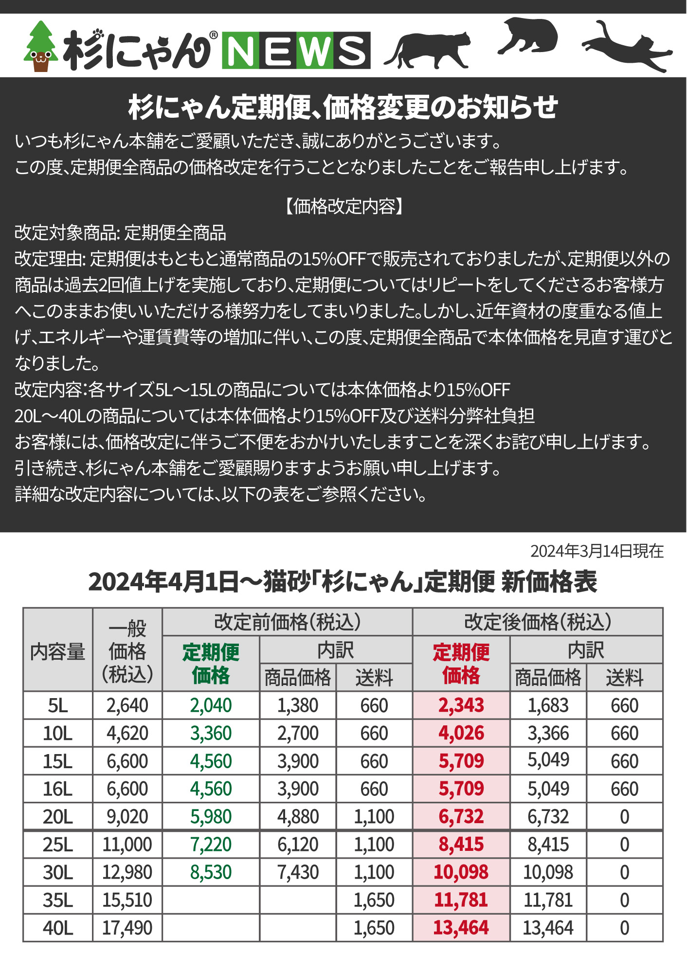 定義便価格変更のお知らせ